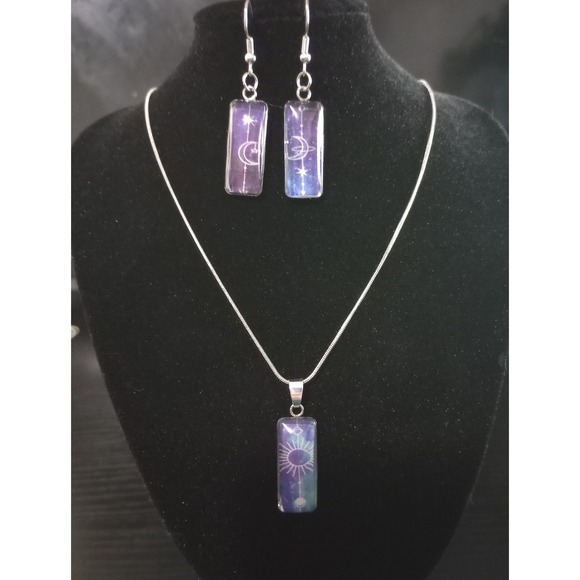 Handmade Jewelry - NEW Handmade Celestial Resin Necklace Earring Set Purple Galaxy Moon Star...